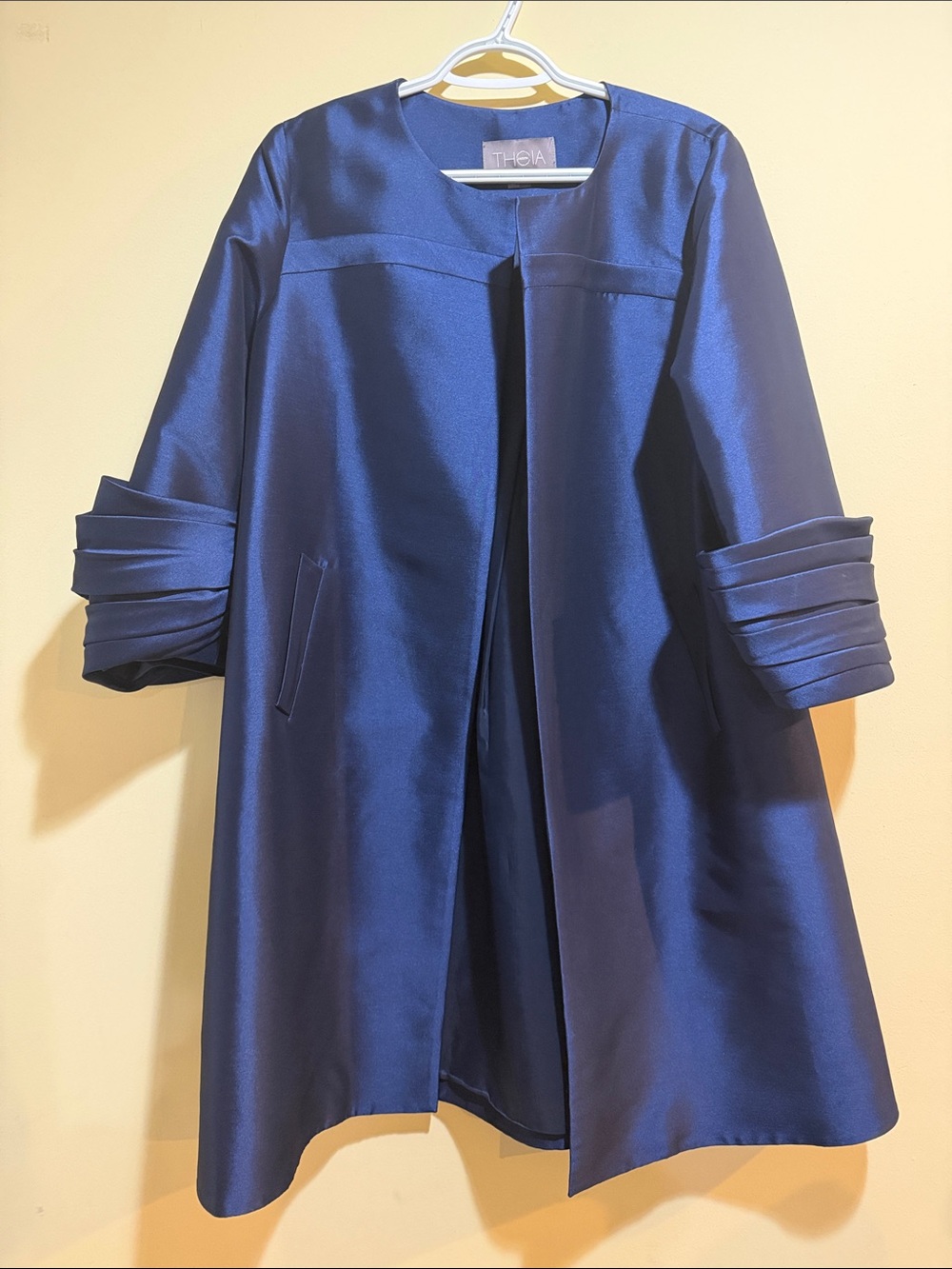 Women’s THEIA Satin Navy Evening Coat with Pleated Cuffs